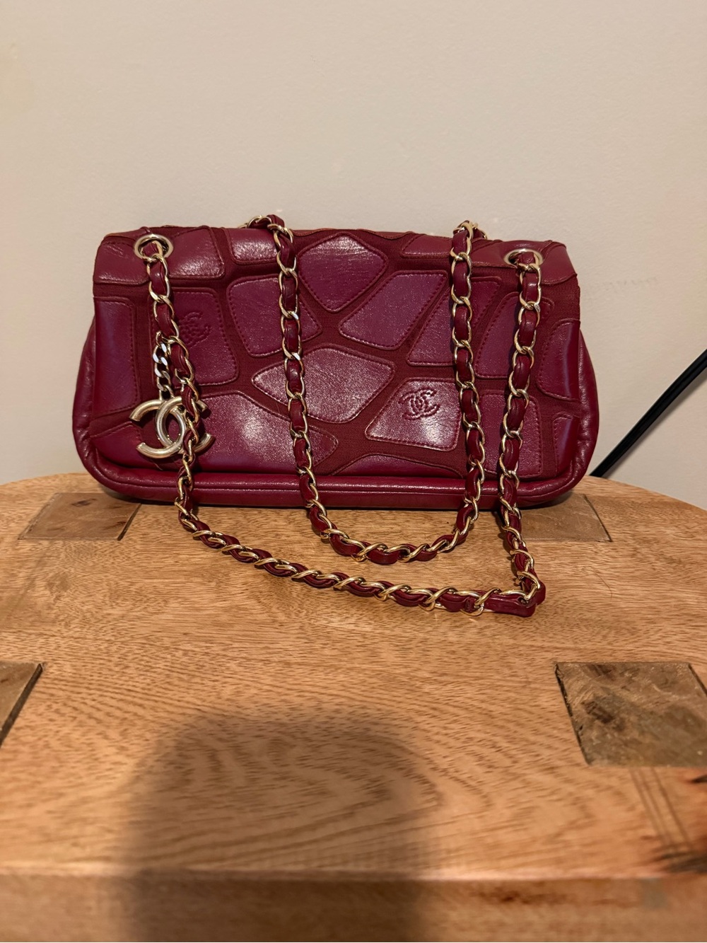 CHANEL Burgundy Quilted Patchwork Leather Shoulder Bag with Gold Chain